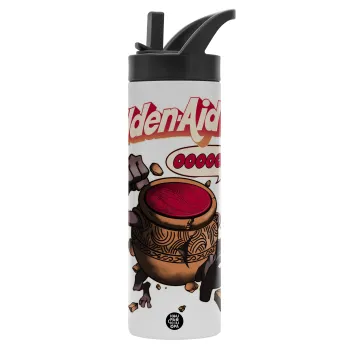 Elden-Aid, Elden Ring inspired , Μεταλλικό παγούρι θερμός με καλαμάκι & χειρολαβή, ανοξείδωτο ατσάλι (Stainless steel 304), διπλού τοιχώματος, 600ml