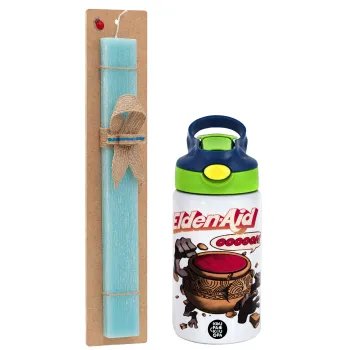 Elden-Aid, Elden Ring inspired , Easter Set, Children's thermal stainless steel bottle with safety straw, green/blue (350ml) & aromatic flat Easter candle (30cm) (TURQUOISE)