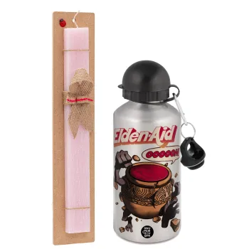 Elden-Aid, Elden Ring inspired , Easter Set, metallic Silver aluminum water bottle (500ml) & scented flat Easter candle (30cm) (PINK)