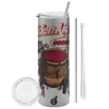 Elden-Aid, Elden Ring inspired , Tumbler ποτήρι θερμό Ασημένιο από ανοξείδωτο ατσάλι 600ml, με μεταλλικό καλαμάκι & βούρτσα καθαρισμού