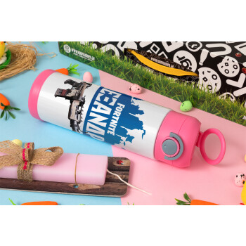 Fortnite with gun με το όνομα σου, Easter candle, Childrens hot water bottle, stainless steel, with safety straw, PINK (500ml)