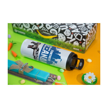 Fortnite with gun με το όνομα σου, Easter candle,Travel Tumbler 2 Lids, with metal straw & cleaning brush & aromatic flat candle (30cm) (BLUE)