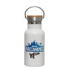 Metallic thermos (Stainless steel) White with wooden lid (bamboo), double-walled, 350ml