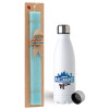 Easter Set, metallic stainless steel water bottle (750ml) & aromatic flat Easter candle (30cm) (TURQUOISE)