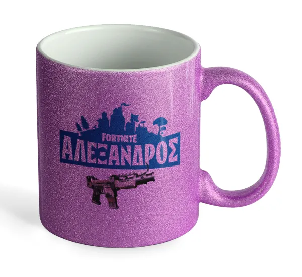 Fortnite with gun με το όνομα σου — Purple glitter mug that sparkles, ceramic, 330ml