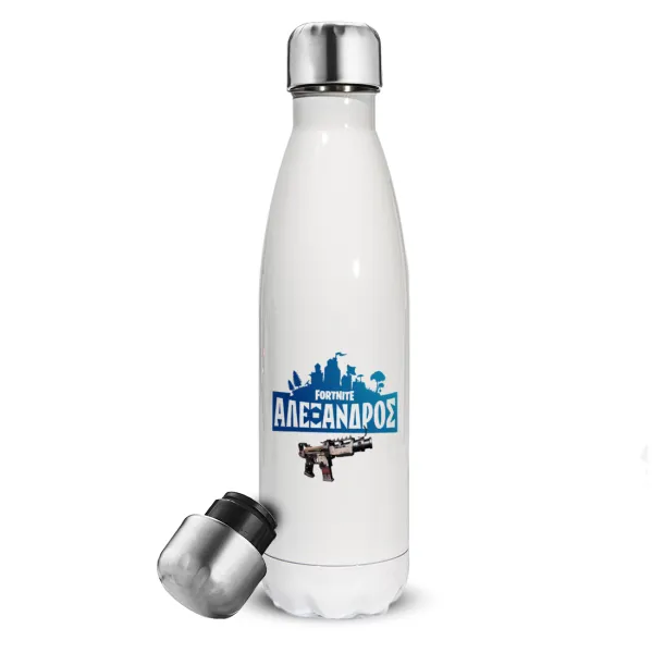 Fortnite with gun με το όνομα σου — Metal mug thermos White (Stainless steel), double wall, 500ml