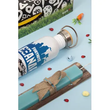 Fortnite with gun με το όνομα σου, Easter Set, metallic silver aluminum water bottle (500ml) & scented flat Easter candle (30cm) (TURQUOISE)