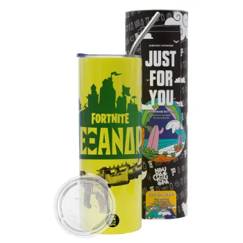 Fortnite with gun με το όνομα σου, Neon Yellow Travel Tumbler θερμό, μεταλλικό καλαμάκι(Ανωξείδωτο 304 Food grade, BPA free, 600ml)