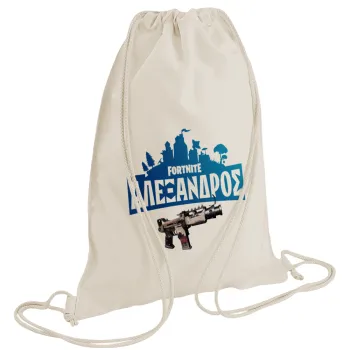 Fortnite with gun με το όνομα σου, Τσάντα πλάτης πουγκί GYMBAG natural (28x40cm)