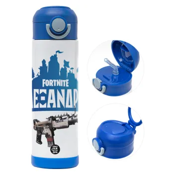 Fortnite with gun με το όνομα σου, Children's hot water bottle, stainless steel, with safety straw, BLUE (500ml)