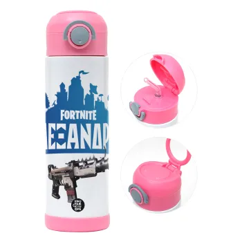 Fortnite with gun με το όνομα σου, Παιδικό παγούρι θερμό, ανοξείδωτο, με καλαμάκι ασφαλείας, ΡΟΖ (500ml)