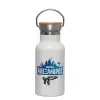 Metallic thermos (Stainless steel) White with wooden lid (bamboo), double-walled, 350ml