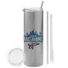 Tumbler ποτήρι θερμό Ασημένιο από ανοξείδωτο ατσάλι 600ml, με μεταλλικό καλαμάκι & βούρτσα καθαρισμού