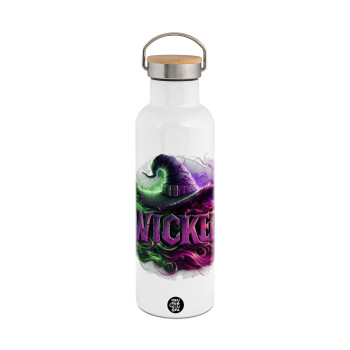 Wicked, Μεταλλικό παγούρι θερμός (Stainless steel) Λευκό με ξύλινο καπάκι (bamboo), διπλού τοιχώματος, 750ml