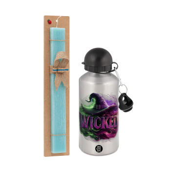 Wicked, Πασχαλινή Λαμπάδα με παγούρι μεταλλικό Ασημένιο αλουμινίου (500ml) & κερί αρωματικό πλακέ (30cm) (ΤΙΡΚΟΥΑΖ)