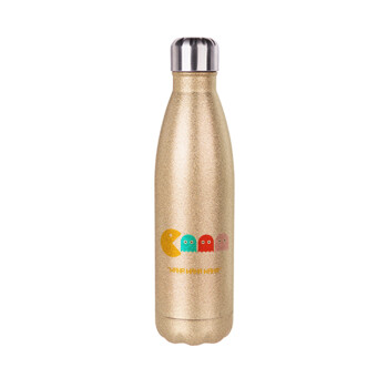 Pacman waka waka waka, Glitter gold stainless steel thermos bottle, double-walled, 500ml