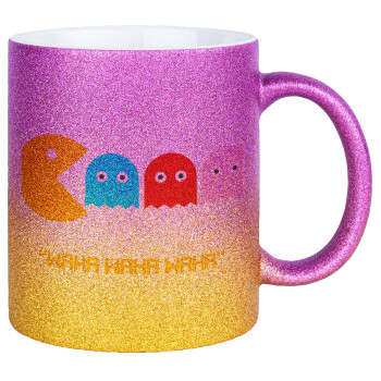 Pacman waka waka waka, Κούπα Χρυσή/Ροζ Glitter, κεραμική, 330ml