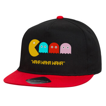 Pacman waka waka waka, Καπέλο παιδικό Flat Snapback, Μαύρο/Κόκκινο (100% ΒΑΜΒΑΚΕΡΟ, ΠΑΙΔΙΚΟ, UNISEX, ONE SIZE)