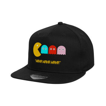 Pacman waka waka waka, Καπέλο παιδικό Flat Snapback, Μαύρο (100% ΒΑΜΒΑΚΕΡΟ, ΠΑΙΔΙΚΟ, UNISEX, ONE SIZE)