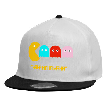 Pacman waka waka waka, Καπέλο παιδικό Flat Snapback, Λευκό (100% ΒΑΜΒΑΚΕΡΟ, ΠΑΙΔΙΚΟ, UNISEX, ONE SIZE)