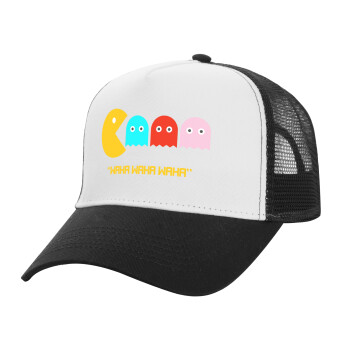 Pacman waka waka waka, Adult Structured Trucker Hat, with Mesh, WHITE/BLACK (100% COTTON, ADULT, UNISEX, ONE SIZE)