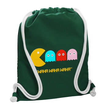 Pacman waka waka waka, Τσάντα πλάτης πουγκί GYMBAG BOTTLE GREEN, με τσέπη (40x48cm) & χονδρά λευκά κορδόνια
