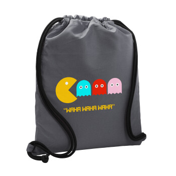 Pacman waka waka waka, Backpack pouch GYMBAG GREY, with pocket (40x48cm) & thick cords