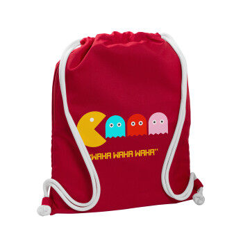 Pacman waka waka waka, Τσάντα πλάτης πουγκί GYMBAG Κόκκινη, με τσέπη (40x48cm) & χονδρά κορδόνια