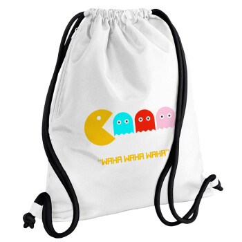 Pacman waka waka waka, Τσάντα πλάτης πουγκί GYMBAG λευκή, με τσέπη (40x48cm) & χονδρά κορδόνια