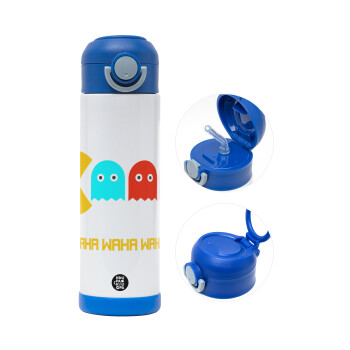 Pacman waka waka waka, Children's hot water bottle, stainless steel, with safety straw, BLUE (500ml)