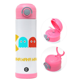 Pacman waka waka waka, Children's hot water bottle, stainless steel, with safety straw, PINK (500ml)