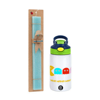 Pacman waka waka waka, Easter Set, Children's thermal stainless steel bottle with safety straw, green/blue (350ml) & aromatic flat Easter candle (30cm) (TURQUOISE)