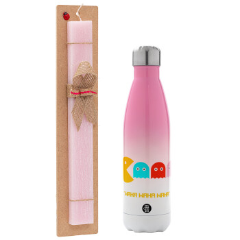 Pacman waka waka waka, Easter Set, Metallic pink/white (Stainless steel) thermos, double-walled, 500ml & aromatic flat Easter candle (30cm) (PINK)