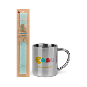 Pacman waka waka waka, Easter Set, metallic thermal cup (300ml) & aromatic flat Easter candle (30cm) (TURQUOISE)