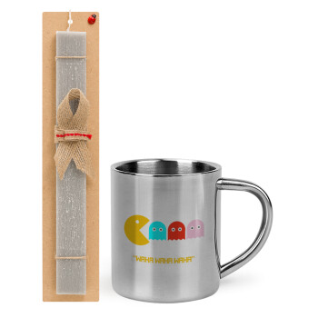 Pacman waka waka waka, Easter Set, metallic thermal cup (300ml) & Easter aromatic flat candle (30cm) (GRAY)