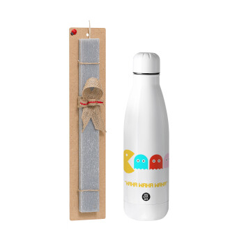 Pacman waka waka waka, Easter Set, metallic stainless thermos bottle (500ml) & scented flat Easter candle (30cm) (GRAY)