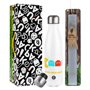 Pacman waka waka waka, Easter candle, metallic white thermos bottle (500ml) & aromatic flat candle (30cm) (GRAY)