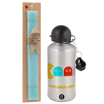 Pacman waka waka waka, Easter Set, metallic silver aluminum water bottle (500ml) & scented flat Easter candle (30cm) (TURQUOISE)