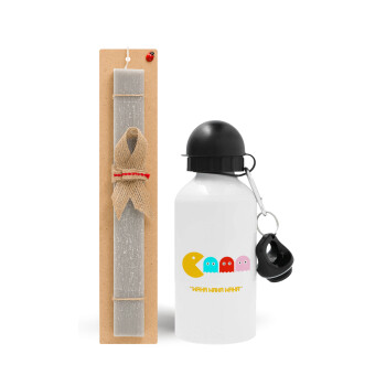 Pacman waka waka waka, Easter Set, metallic aluminum water bottle (500ml) & aromatic flat Easter candle (30cm) (GRAY)