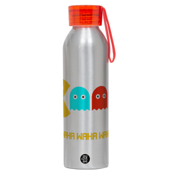 Pacman waka waka waka, Αλουμινένιο Αθλητικό Μπουκάλι 650ml – Ασημί με Κόκκινο Καπάκι και Λουράκι Σιλικόνης