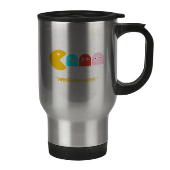 Pacman waka waka waka, Stainless steel travel mug with lid, double wall 450ml