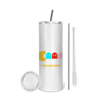 Pacman waka waka waka, Tumbler stainless steel 600ml, with metal straw & cleaning brush