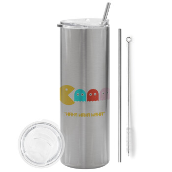 Pacman waka waka waka, Tumbler stainless steel Silver 600ml, with metal straw & cleaning brush