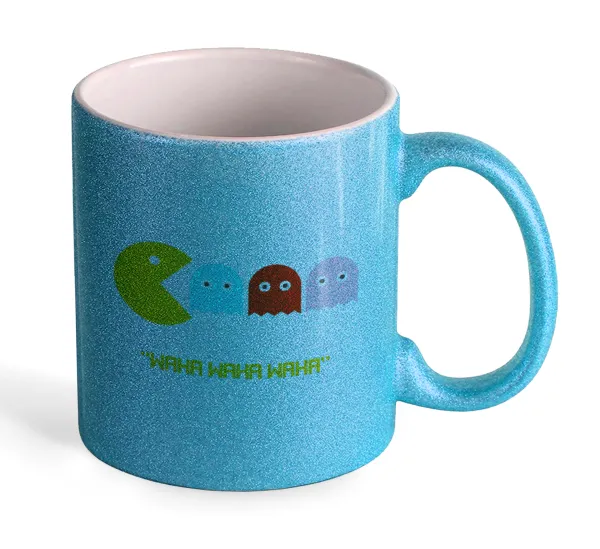 Pacman waka waka waka — Light blue glitter mug that sparkles, ceramic, 330ml
