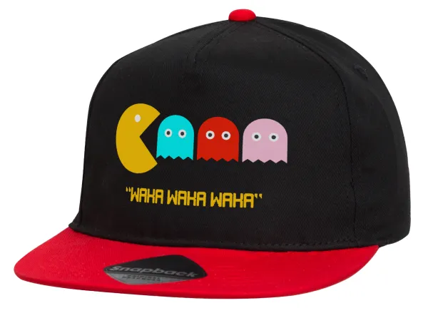 Pacman waka waka waka — Flat Snapback Hat, Black/Red (100% COTTON, UNISEX, ONE SIZE)