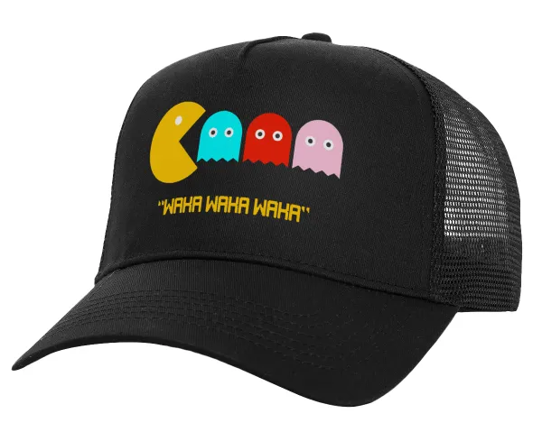 Pacman waka waka waka — Structured Trucker Adult Hat, with Mesh, Black (100% COTTON, ADULT, UNISEX, ONE SIZE)