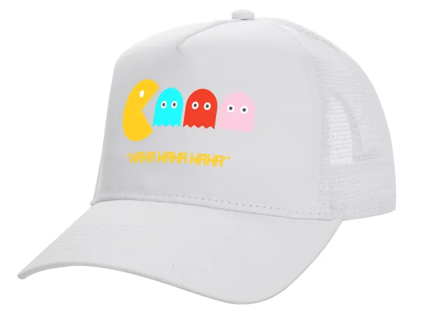 Pacman waka waka waka — Structured Trucker Adult Hat, with Mesh, WHITE (100% COTTON, ADULT, UNISEX, ONE SIZE)