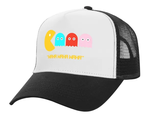 Pacman waka waka waka — Adult Structured Trucker Hat, with Mesh, WHITE/BLACK (100% COTTON, ADULT, UNISEX, ONE SIZE)