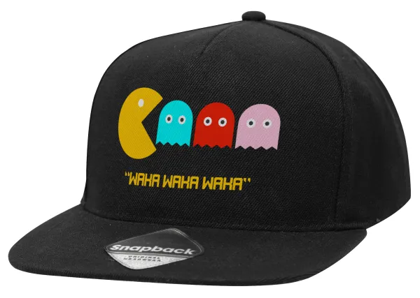 Pacman waka waka waka — Adult Flat Snapback Hat Black, (100% COTTON TWILL, ADULT, UNISEX, ONE SIZE)