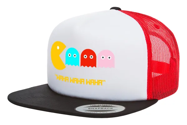 Pacman waka waka waka — Adult Foam Flat Snapback with Mesh Black-White-Red (POLYESTER, ADULT, UNISEX, ONE SIZE)